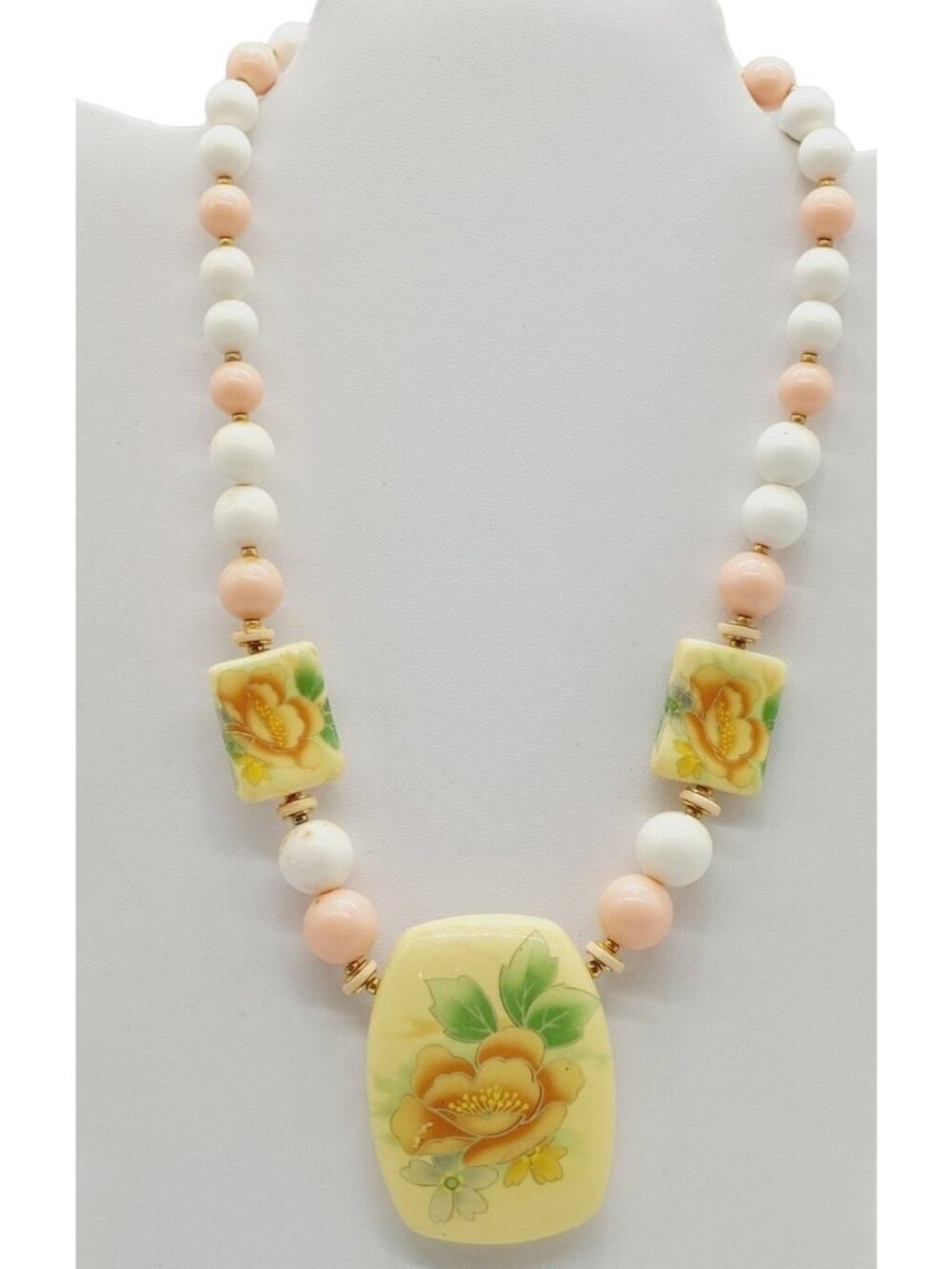 Japan Lucite Ceramic Necklace Pink White Floral Vintage